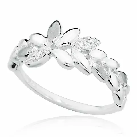 Harjattu lehti valkoinen zirkoni sormus rodinoitua hopeaa