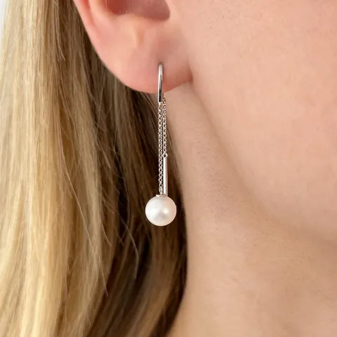 pitkät makeanveden helmi, AAA-GRADED korvarenkaat 14 karaatin valkokultaa kanssa 