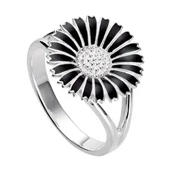 15 mm Kranz ja Ziegler päivänkakkara sormus  rodinoitua hopeaa musta emalji