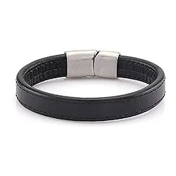 Miesten rannekoru musta nahkaa, jossa on terästä laas x 14,3 mm