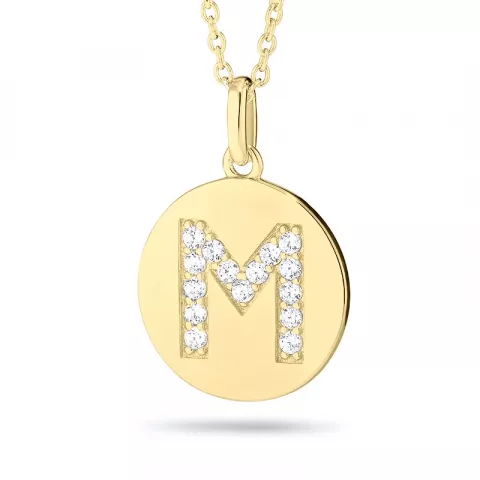 m-kirjain zirkoni riipus jossa on ketju kullattua hopeaa