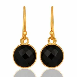 pitkät mustat onyx korvarenkaat  kullattua hopeaa
