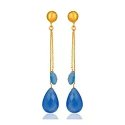 pitkät sininen kalsedoni korvarenkaat  kullattua hopeaa