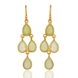 pitkät vihreä kalsedoni korvarenkaat  kullattua hopeaa