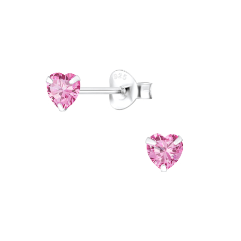 4 mm sydän pinkki zirkoni nappikorvakorut  hopea