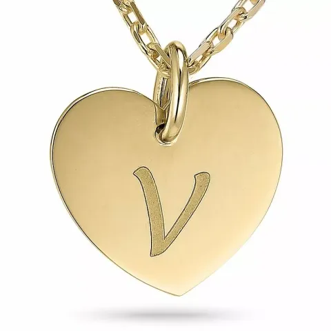 V-kirjain ankkurikaulaketju  kullattua hopeaa sydänriipus 9 karaatin kultaa