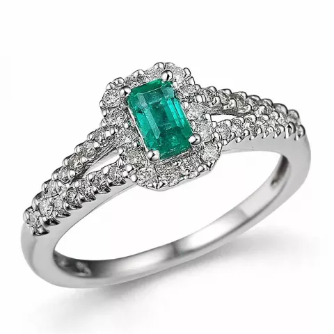 Neliskulmainen smaragdi timanttisormus 14 karaatin valkokultaa 0,30 ct 0,31 ct