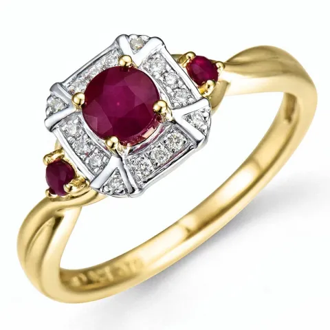 neliskulmainen rubiini sormus 14 karaatin kulta ja valkokultaa 0,07 ct 0,45 ct 0,09 ct