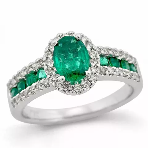 ovaali vihreä smaragdi timanttisormus 14 karaatin valkokultaa 0,65 ct 0,31 ct 0,29 ct