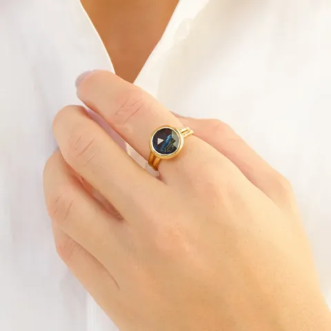 tummansininen kristalli sormus kullattu messinki - Loom Stones