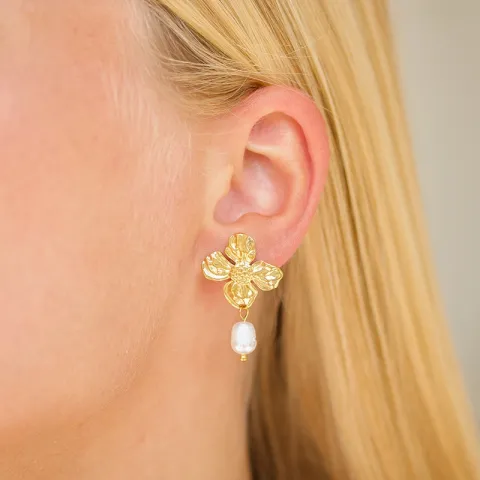 vedenkestävät kukka korvarenkaat  kullattu teräs - OCEANA