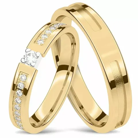 kiiltävä vihkisormusta 14 karaatin kulta ja valkokultaa 0,06 ct ja 0,008 ct - setit