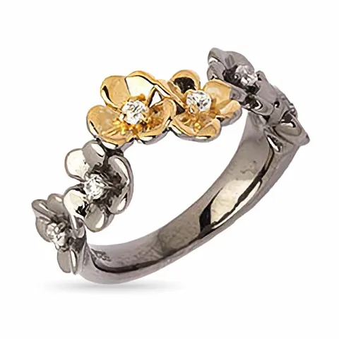 kukka sormus musta rodinoitu hopea kullattua hopeaa