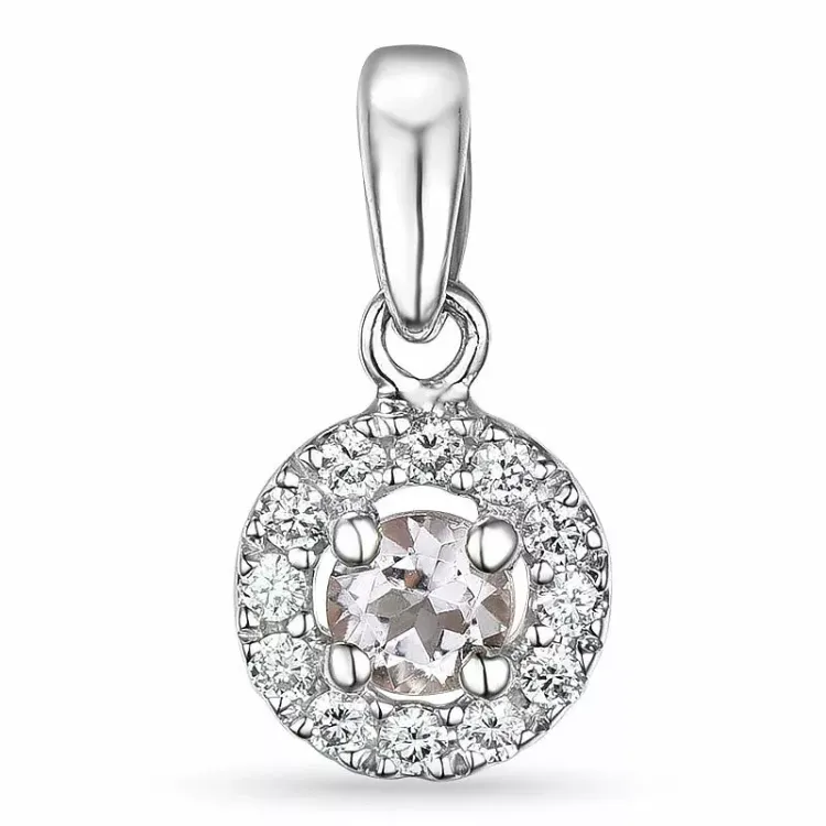 Pyöreä morganite timanttiriipus 14 karaatti valkokultaa 0,09 ct 0,07 ct