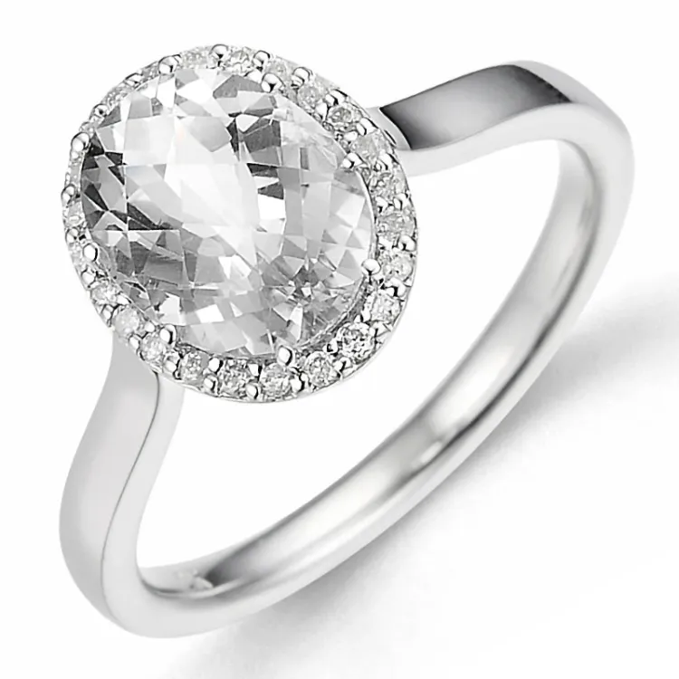 ovaali kvartsi timanttisormus 14 karaatin valkokultaa 2,0 ct 0,12 ct