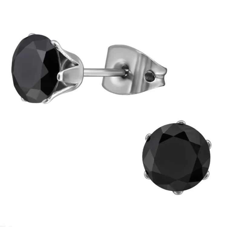 6 mm musta zirkoni nappikorvakorut  titaani