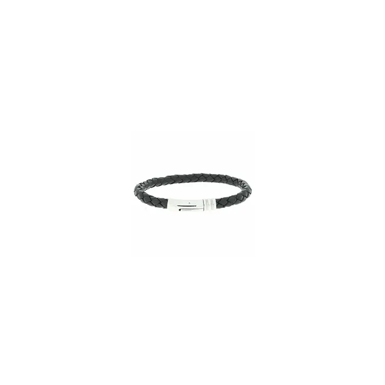 punottu rannekoru musta nahkaa, jossa on terästä laas  x 6,2 mm