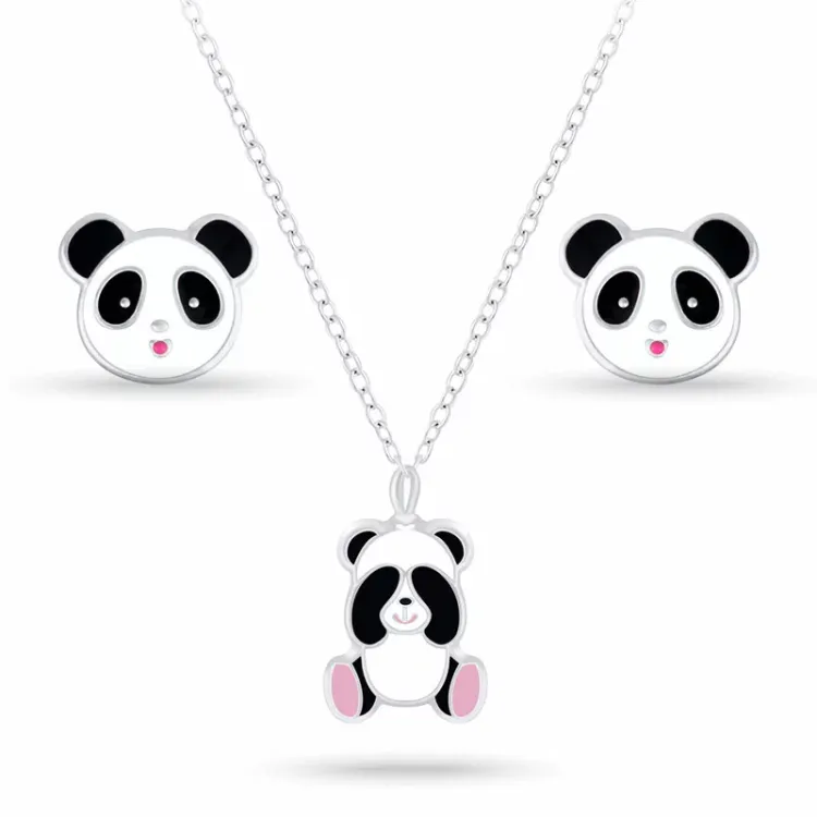 panda setti korvakorut ja kaulaketjut  hopea valkoinen emalji musta emalji pinkki emalji - Little Ones