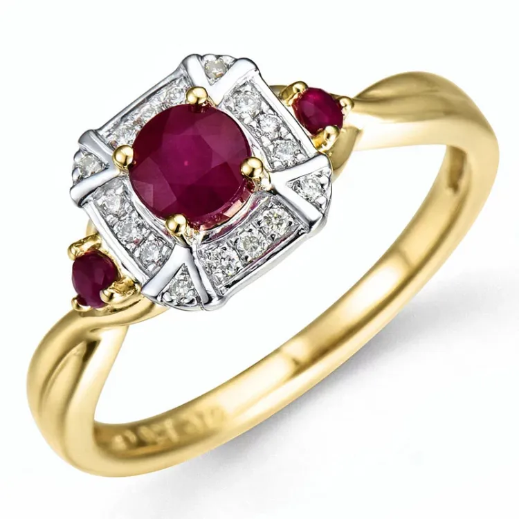 neliskulmainen rubiini sormus 14 karaatin kulta ja valkokultaa 0,07 ct 0,45 ct 0,09 ct