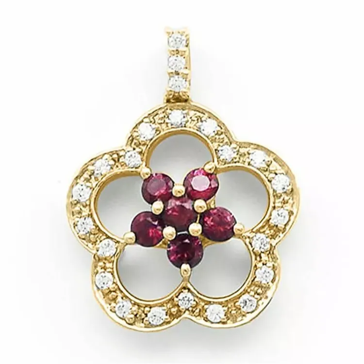 kukka rubiini timanttiriipus 14 karaatti kultaa 0,12 ct 0,34 ct