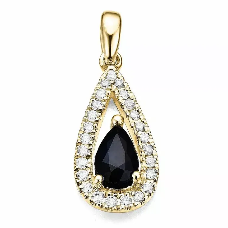 pisaranmuotoinen sininen safiiri timanttiriipus 14 karaatti kultaa 0,123 ct 0,55 ct