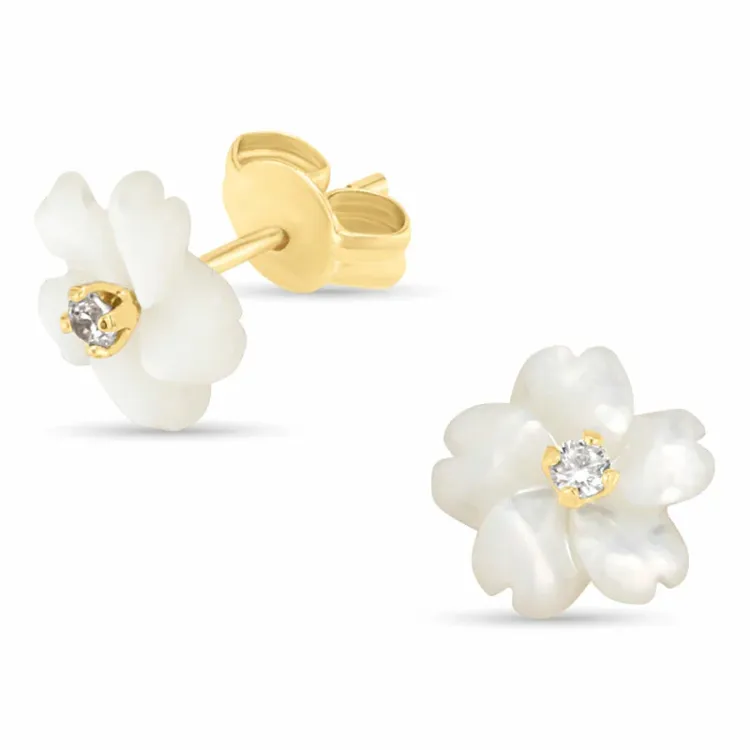 kukka korvarenkaat 9 karaatin kultaa kanssa zirkoni ja helmiäinen - Gold Collection