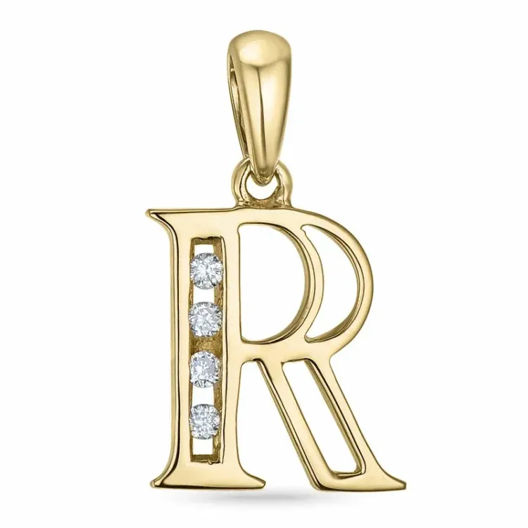 r-kirjain timantti riipus 9 karaatti kultaa 0,04 ct