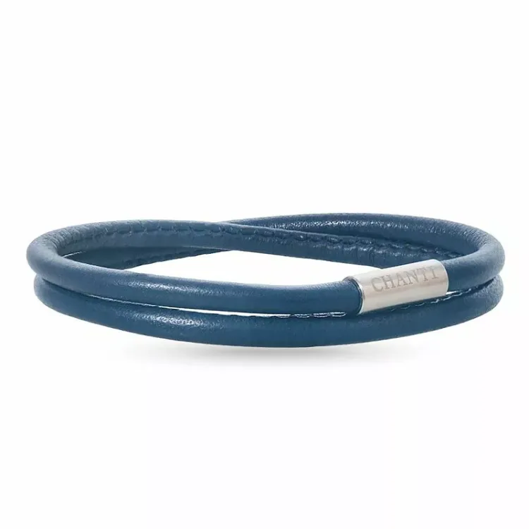 Pyöreä sininen rannekoru nahkaa, jossa on terästä laas  x 4 mm