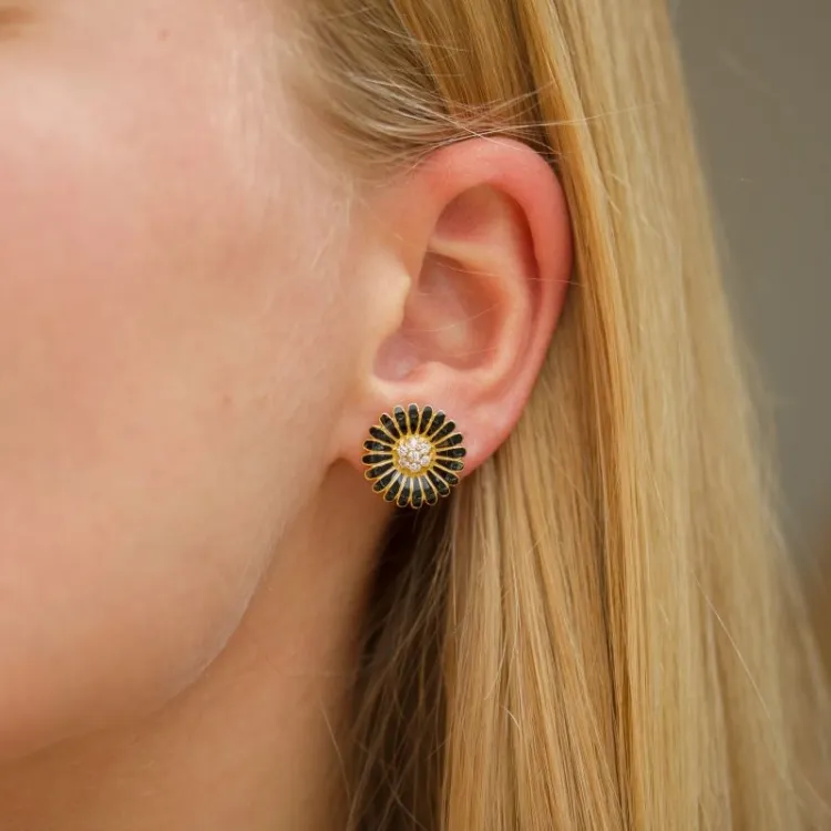 14 mm päivänkakkara mustat zirkoni nappikorvakorut  kullattu hopea - Matilda