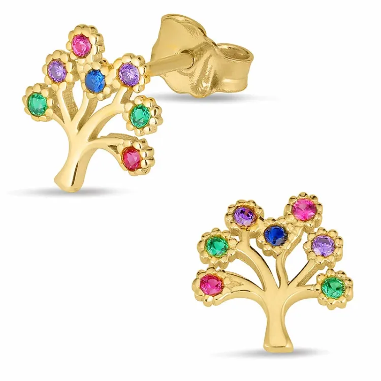 elämänpuu monivärisiä nappikorvakorut 8 karaatin kultaa kanssa zirkoni - Gold Collection