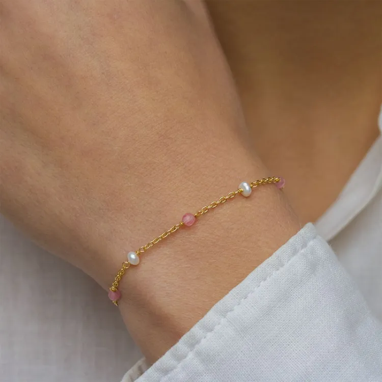 roosanvärinen kvartsi rannekoru kullattua hopeaa  x 4 mm  - Loom Stones