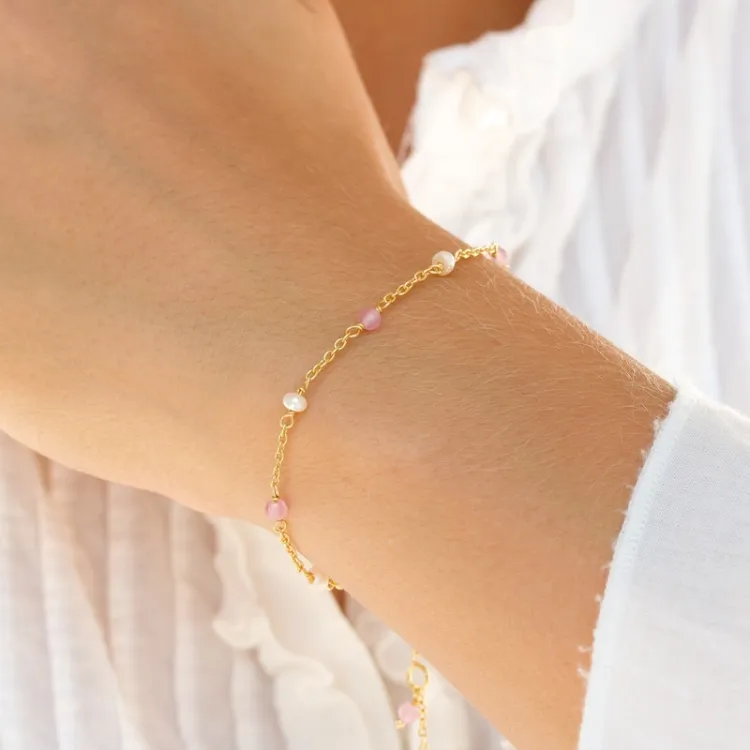 roosanvärinen kvartsi rannekoru kullattua hopeaa  x 4 mm  - Loom Stones