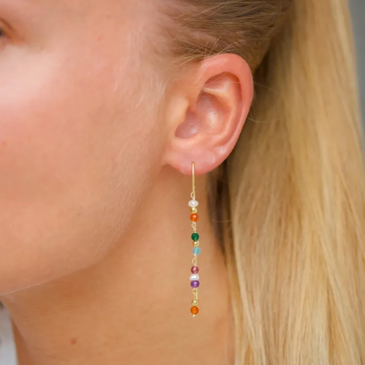 pitkät monivärisiä ketjukorvakorut  kullattu hopea - Loom Stones
