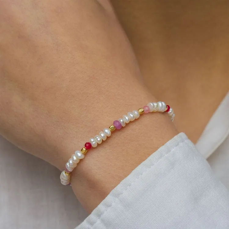 pinkki kivi rannekoru kullattua hopeaa  x   - Loom Stones