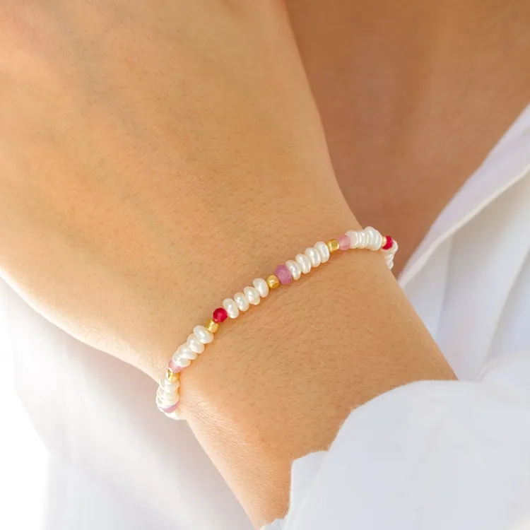 pinkki kivi rannekoru kullattua hopeaa  x   - Loom Stones