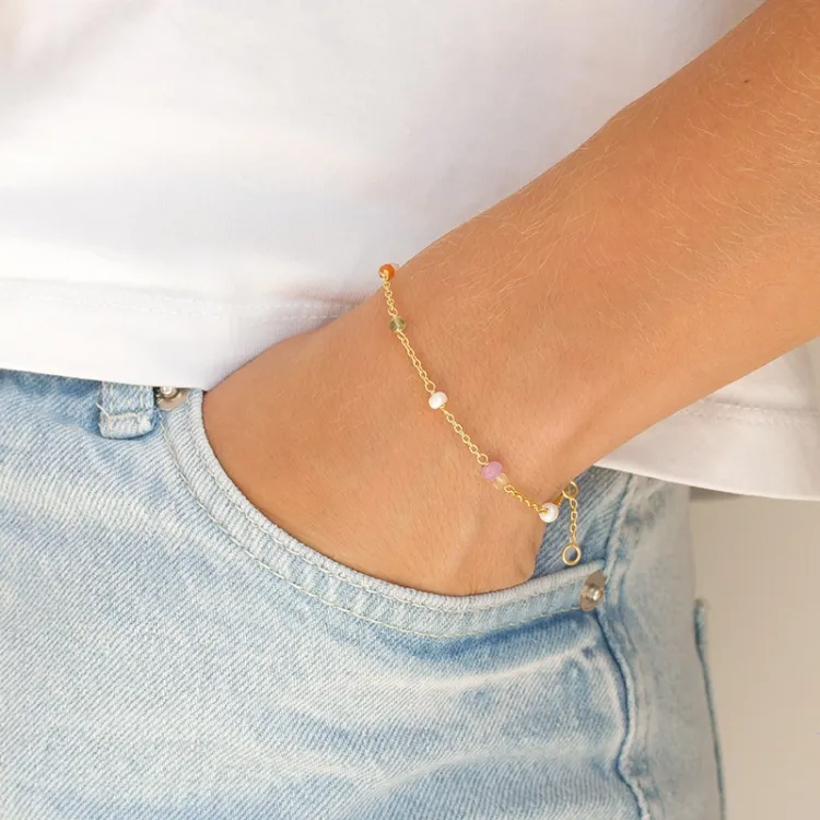 monivärinen kivi rannekoru kullattua hopeaa  x 3,5 mm  - Loom Stones