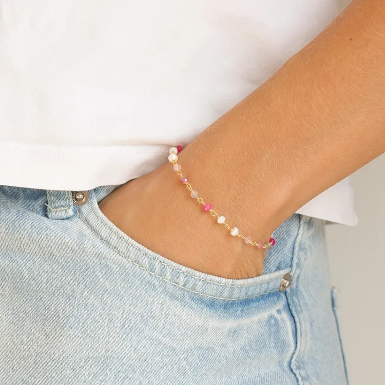 pinkki rannekoru kullattua hopeaa - Loom Stones