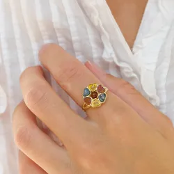 kukka monivärinen meripihka sormus kullattua hopeaa