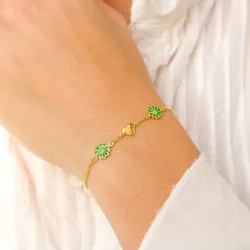 sydän päivänkakkara tummanvihreä rannekoru kullattua hopeaa - Maggie