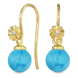 kukka synteettinen turkoosi korvakorukoukut  kullattu hopea