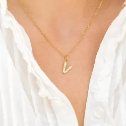 vedenkestävät v-kirjain zirkoni kaulaketju, jossa on riipus kullattu teräs - OCEANA