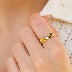 monivärinen zirkoni sormus kullattua hopeaa