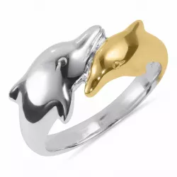 delfiini sormus hopeaa, jossa 8 karaattia kulta